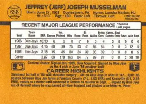 1989 Donruss #656b Jeff Musselman NM Near Mint Blue Jays ID:81475 - Baseball Card Single