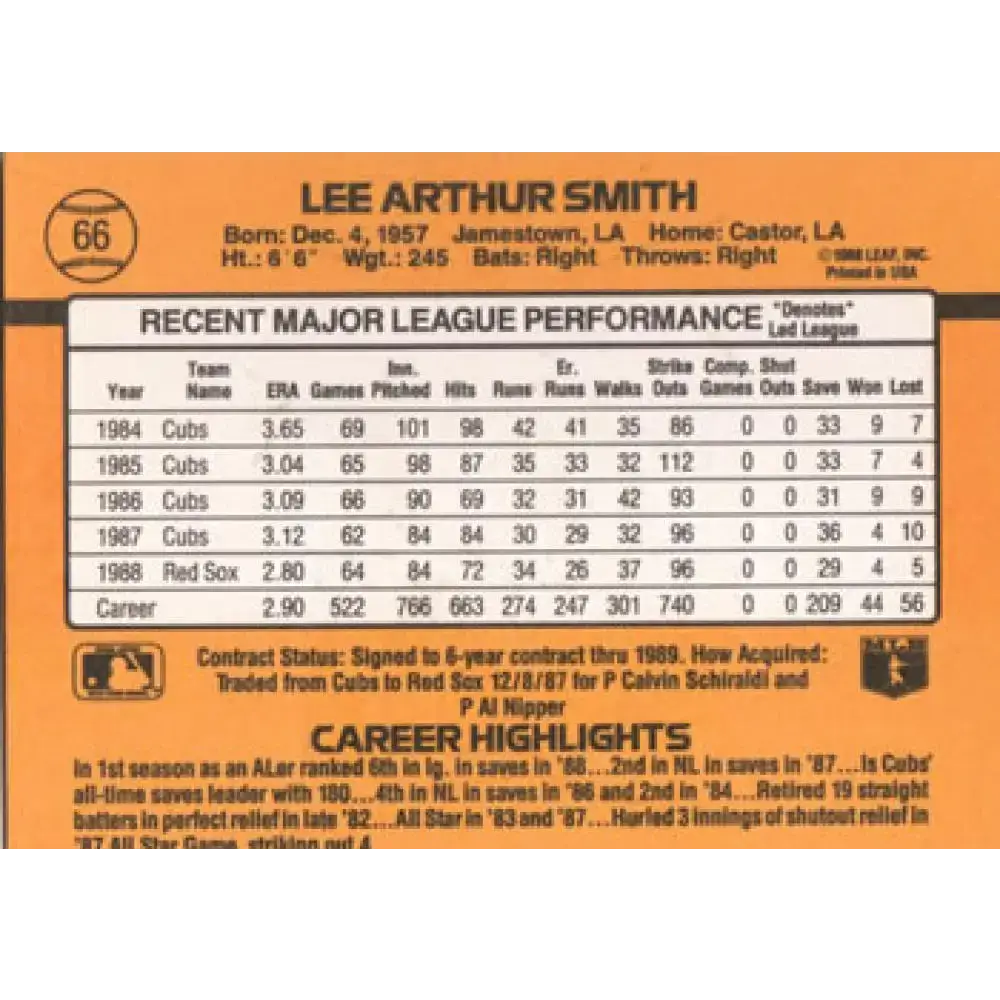 1989 Donruss #66 Lee Smith NM-MT Boston Red Sox Baseball Card - Baseball Card Single