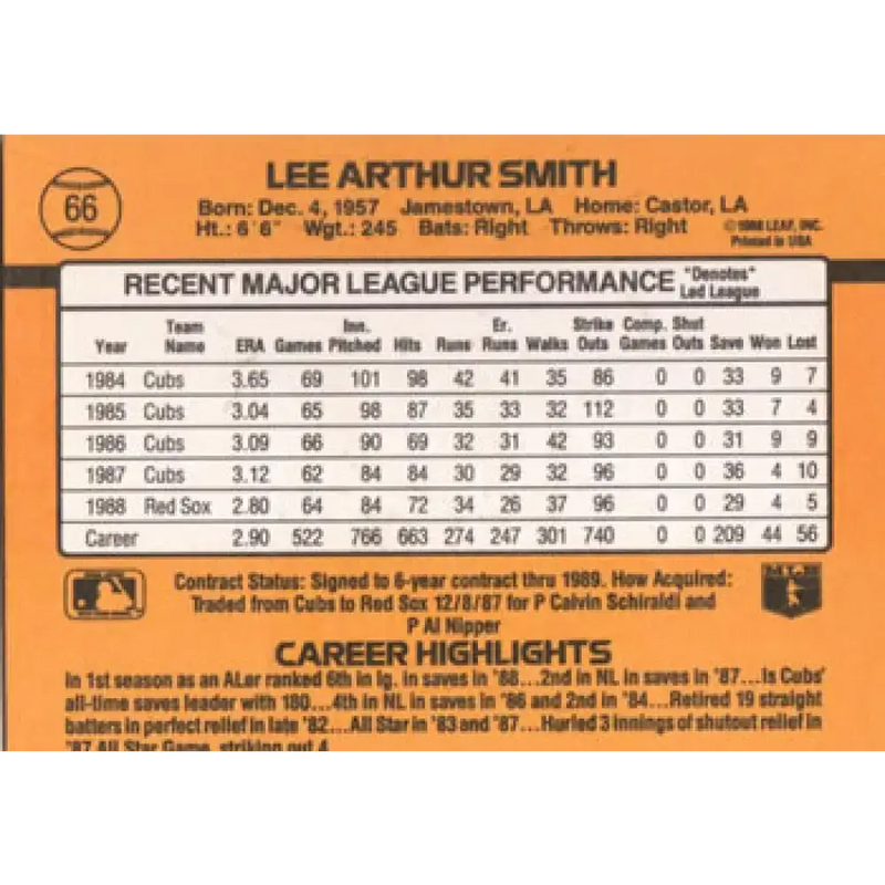 1989 Donruss #66 Lee Smith NM-MT Boston Red Sox Baseball Card - Baseball Card Single