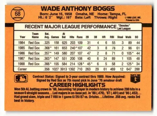 1989 Donruss #68 Wade Boggs Boston Red Sox Baseball Cards NM Near Mi ID:64458 - Baseball Card Single