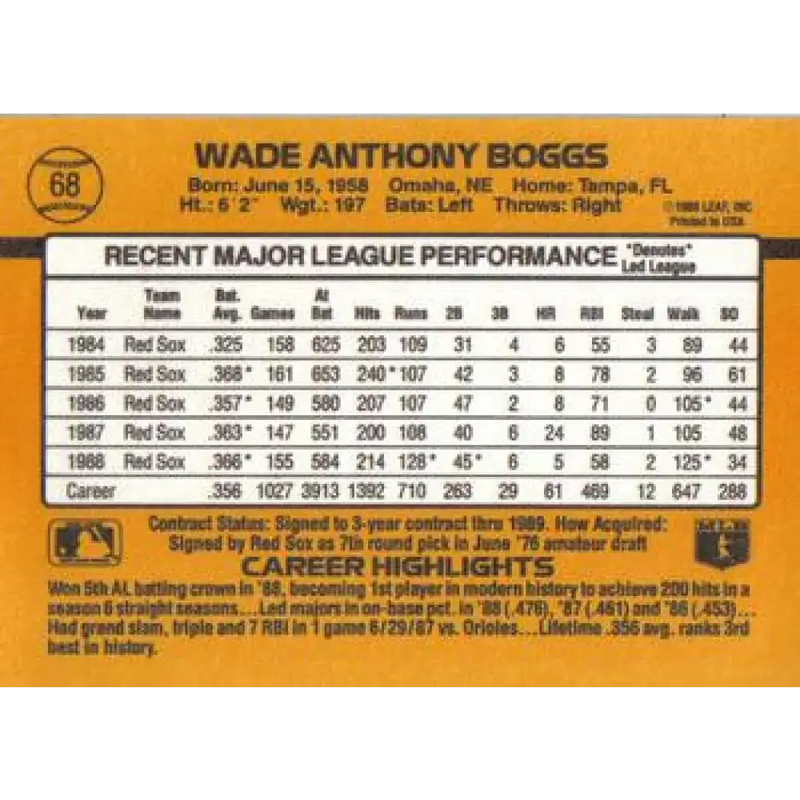 1989 Donruss #68 Wade Boggs NM-MT Boston Red Sox Baseball Card - Baseball Card Single