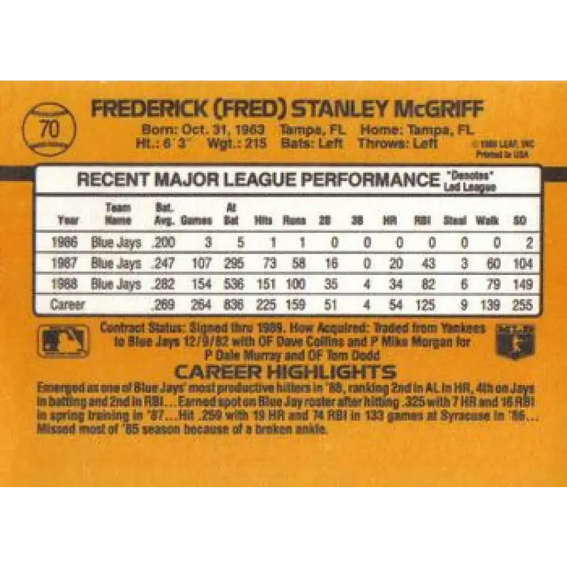 1989 Donruss #70 Fred McGriff NM-MT Toronto Blue Jays Baseball Card - Baseball Card Single