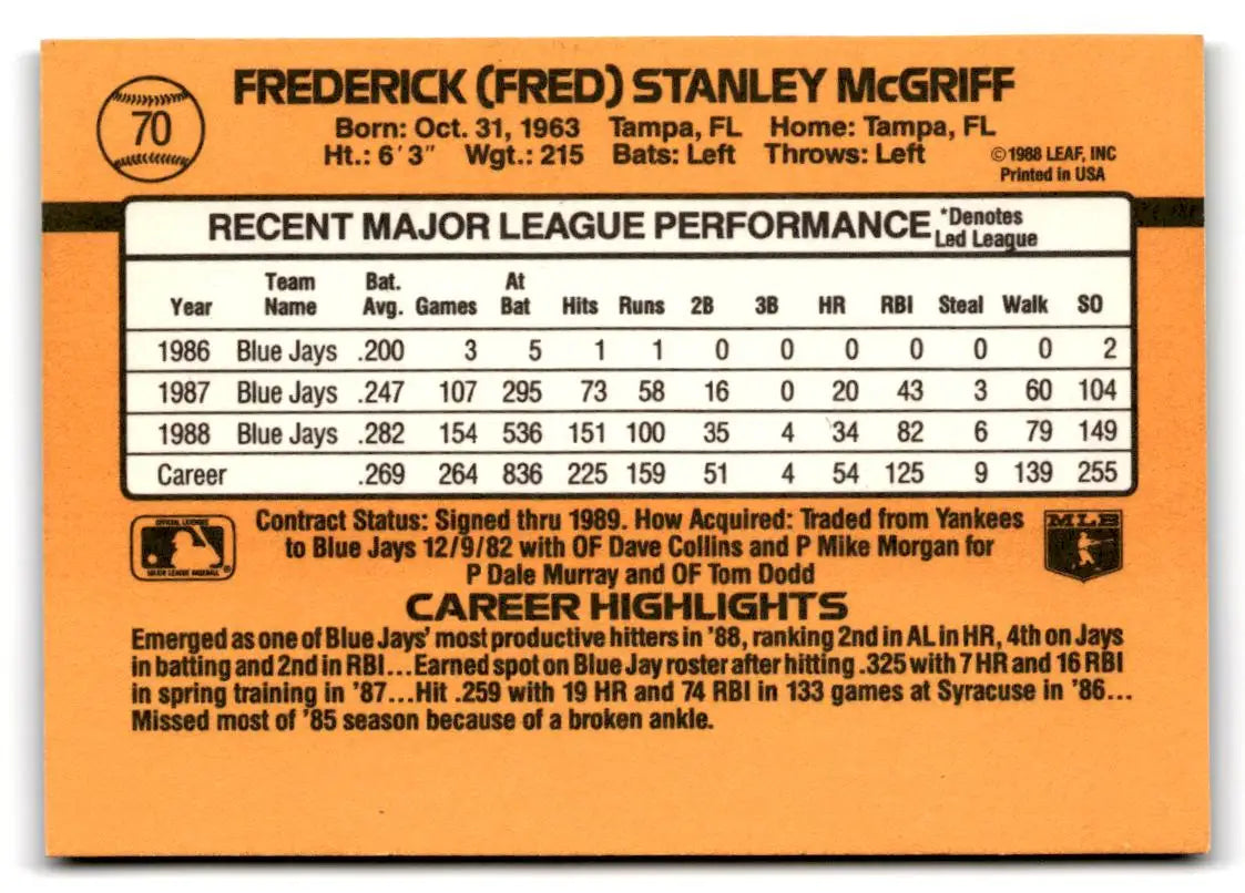 1989 Donruss #70a Fred McGriff - Trading Card