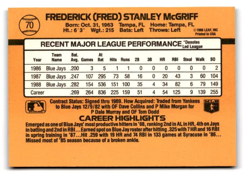 1989 Donruss #70a Fred McGriff - Baseball Card Single