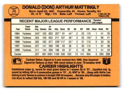Original gloss Don Mattingly 1989 Donruss baseball card mint Yankees ID 76775