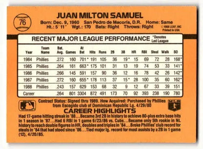 1989 Donruss #76 Juan Samuel Philadelphia Phillies Baseball Cards EX ID:56239