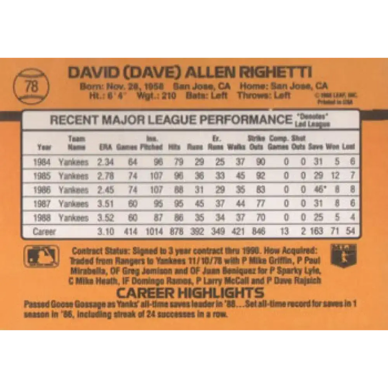 1989 Donruss #78 Dave Righetti NM-MT New York Yankees Baseball Card - Baseball Card Single