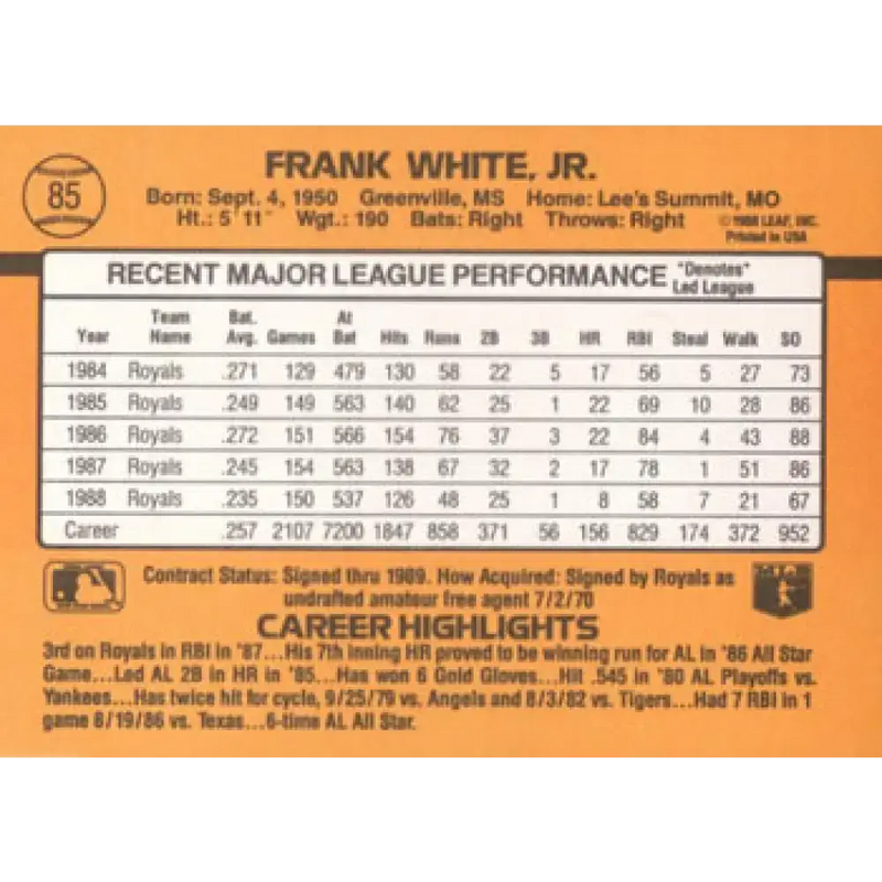 1989 Donruss #85 Frank White NM-MT Kansas City Royals Baseball Card - Baseball Card Single