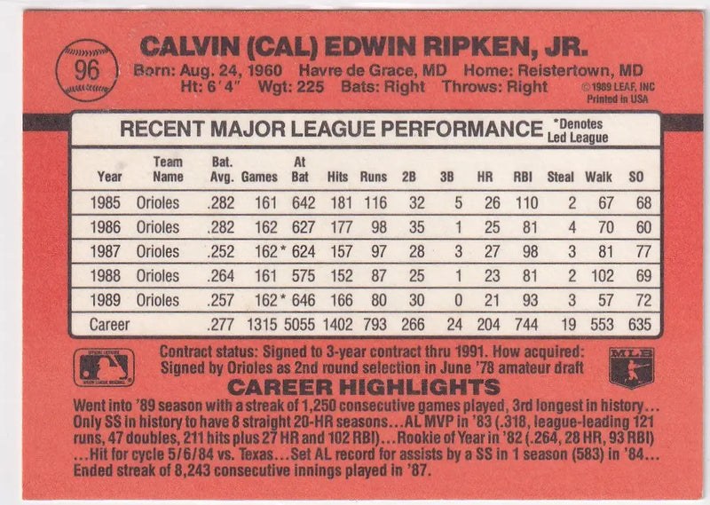 1989 DONRUSS #96 CAL RIPKEN JR- BALTIMORE ORIOLES