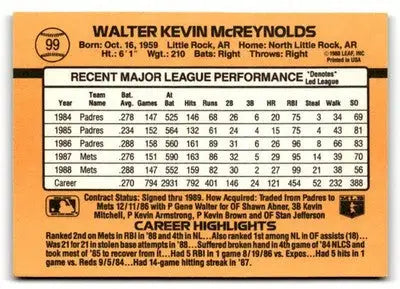 1989 Donruss #99 Kevin McReynolds - Baseball Card Single