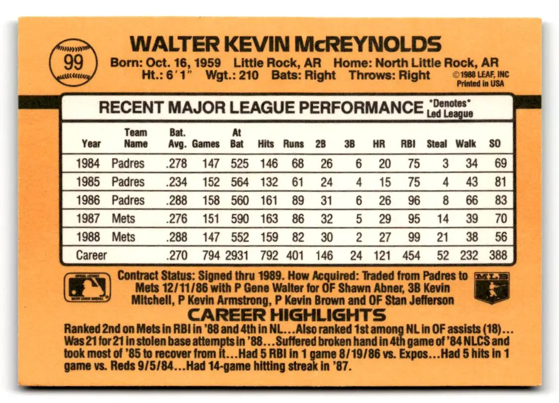 1989 Donruss #99 Kevin McReynolds - Baseball Card Single