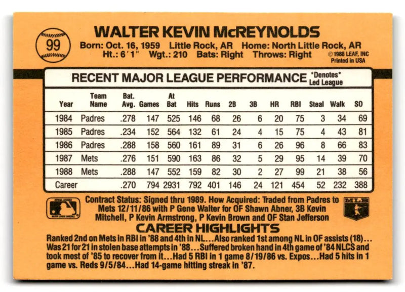 1989 Donruss #99 Kevin McReynolds - Baseball Card Single