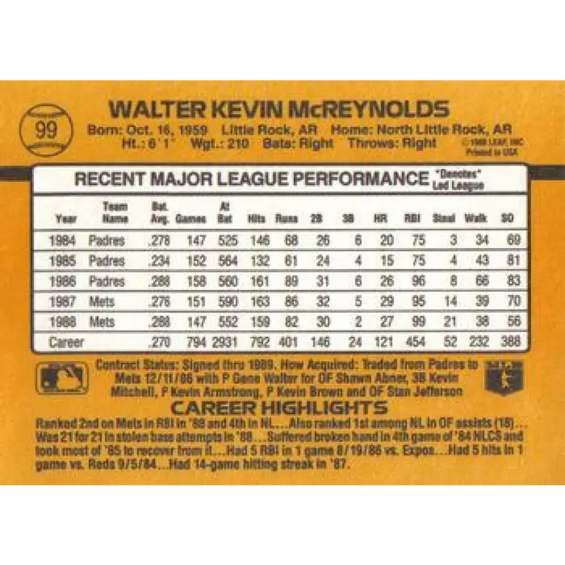 1989 Donruss #99 Kevin McReynolds NM-MT New York Mets Baseball Card - Baseball Card Single