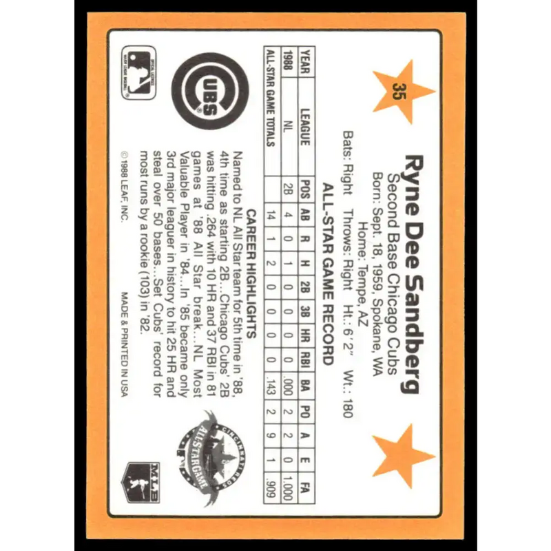 1989 Donruss All-Stars #35 Ryne Sandberg EX Chicago Cubs Baseball Card - Baseball Card Single