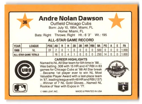 Original gloss Andre Dawson baseball card mint Cubs 1989 Donruss All-Stars #36