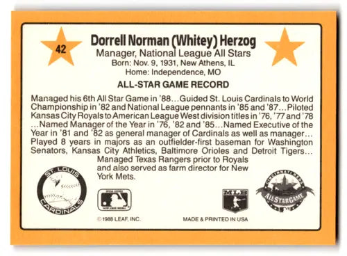 1989 Donruss All-Stars #42 Whitey Herzog NM Near Mint Cardinals ID:72057 - Baseball Card Single