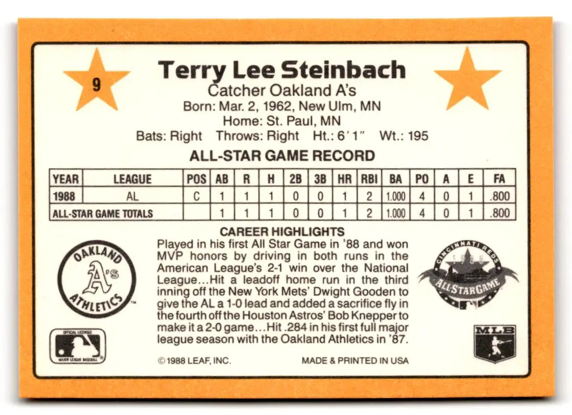 1989 Donruss All-Stars #9 Terry Steinbach - Baseball Card Single