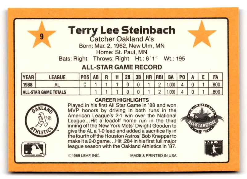 1989 Donruss All-Stars #9 Terry Steinbach - Baseball Card Single