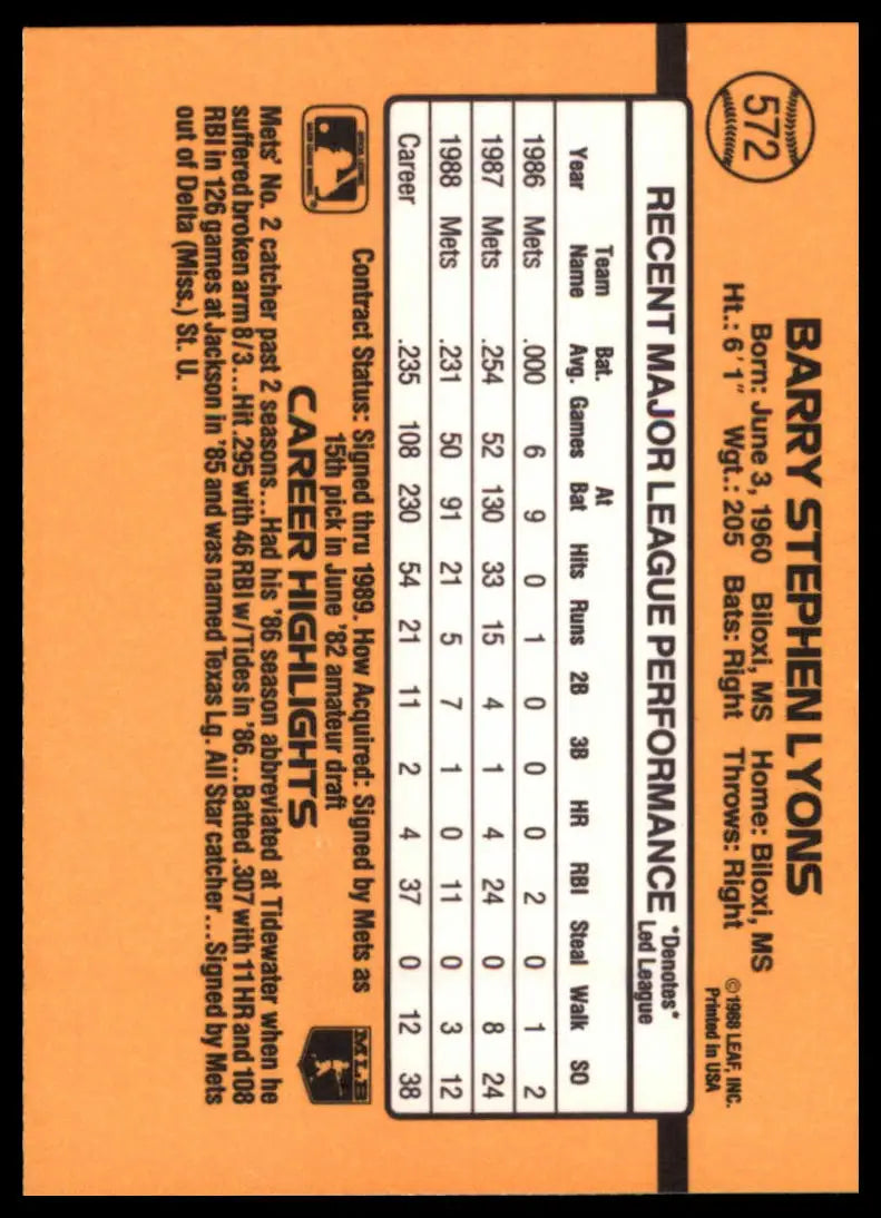 1989 Donruss Barry Lyons 572 New York Mets NM - Baseball Card Single