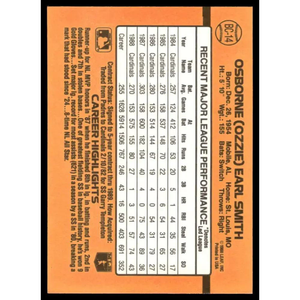 1989 Donruss #BC-14 Ozzie Smith EX/NM St. Louis Cardinals Baseball Card - Baseball Card Single