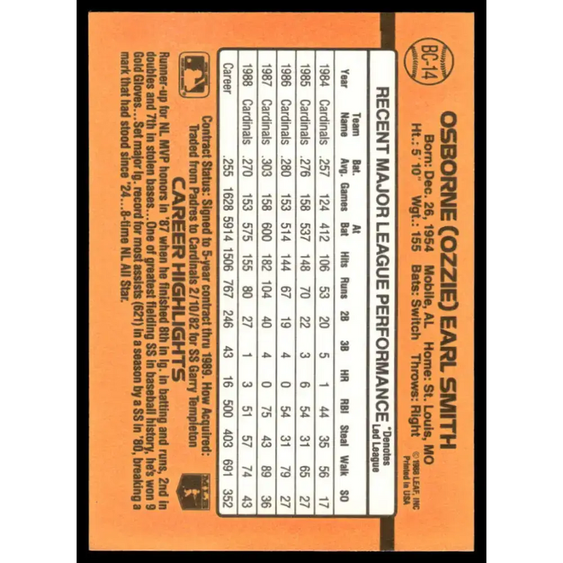 1989 Donruss #BC-14 Ozzie Smith EX/NM St. Louis Cardinals Baseball Card - Baseball Card Single