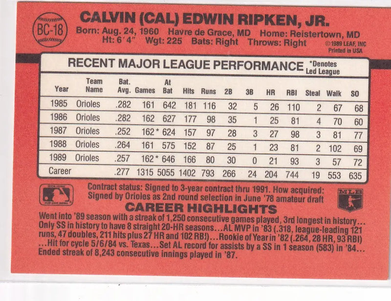 1989 DONRUSS #BC-18 CAL RIPKEN JR- BALTIMORE ORIOLES