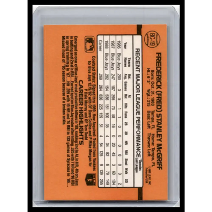 1989 Donruss #BC-19d Fred McGriff NM-MT Toronto Blue Jays Baseball Card