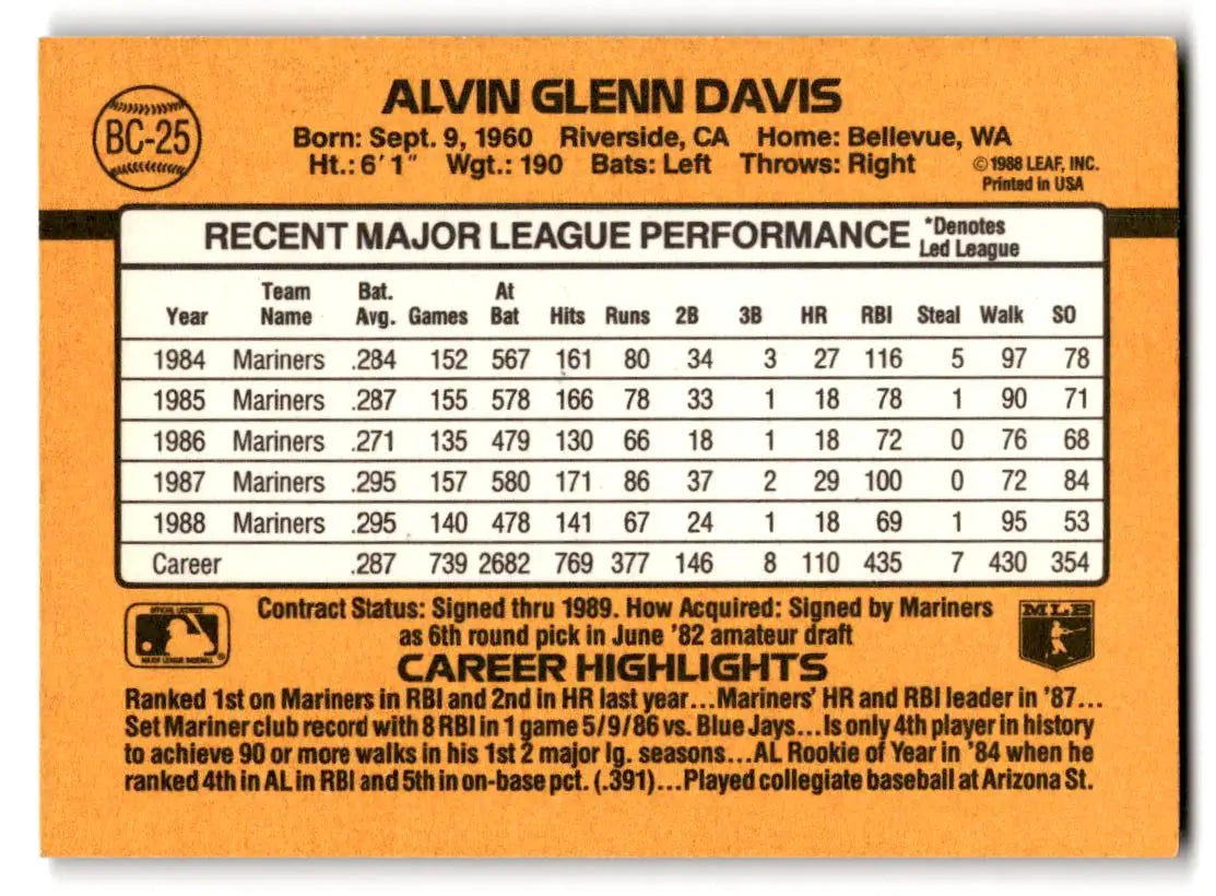 1989 Donruss #BC-25a Alvin Davis Bonus MVP’s - Baseball Card Single