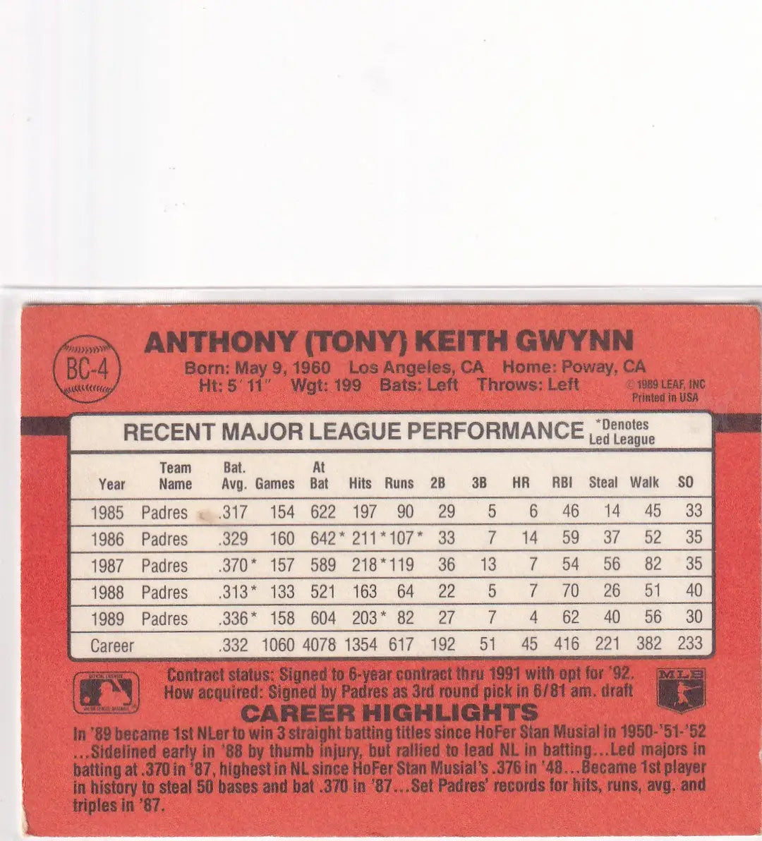 1989 DONRUSS #BC-4 TONY GWYNN- SAN DIEGO PADRES - Baseball Card Single