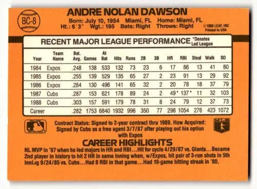 Back of a vintage 1989 Donruss Andre Dawson Chicago Cubs baseball card with original gloss