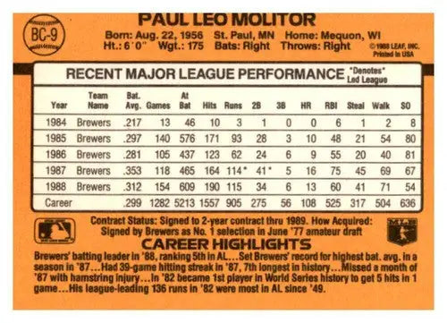 1989 Donruss #BC-9b Paul Molitor Milwaukee Brewers Baseball Cards EX ID:62985 - Baseball Card Single