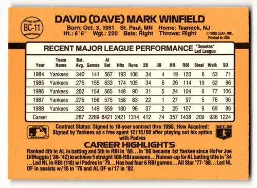 1989 Donruss Bonus Cards #BC-11 Dave Winfield New York Yankees Baseb ID:64468