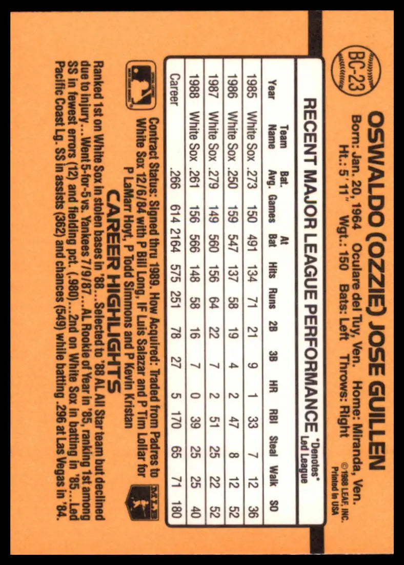 1989 Donruss - Bonus MVPs Ozzie Guillen BC-23 Chicago White Sox NM - Baseball Card Single