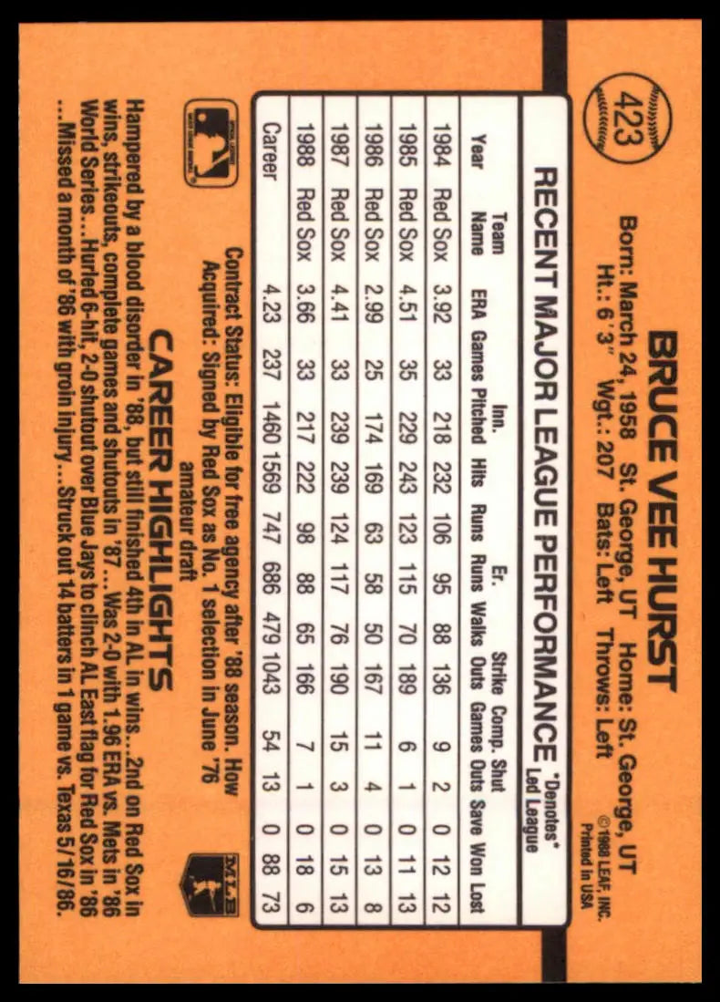 1989 Donruss Bruce Hurst 423 Boston Red Sox NM - Baseball Card Single