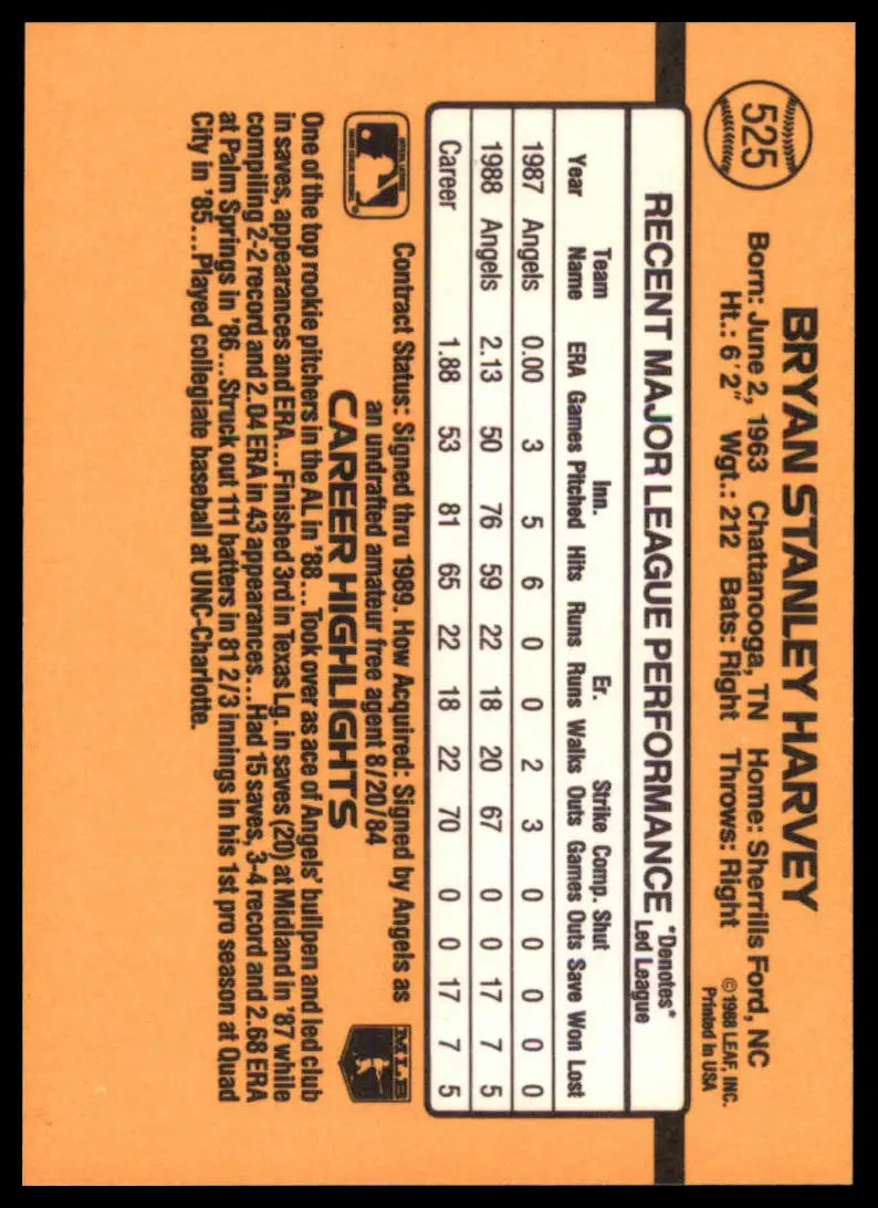 1989 Donruss Bryan Harvey RC 525 California Angels NM - Baseball Card Single