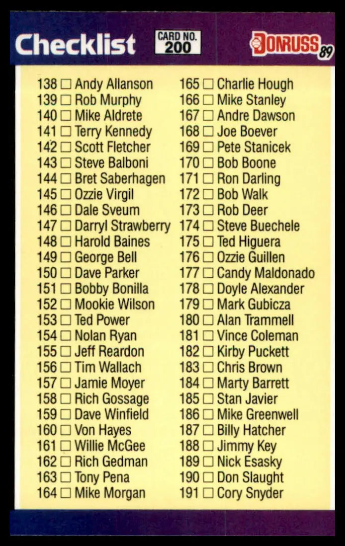 1989 Donruss Checklist: 578-660 Bonus MVP’s 600 NM - Baseball Card Single