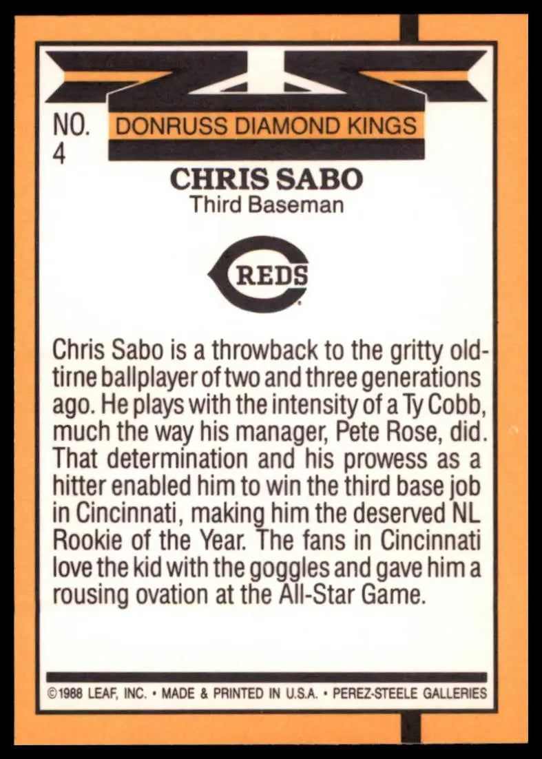 1989 Donruss Chris Sabo 4 Cincinnati Reds NM - Baseball Card Single