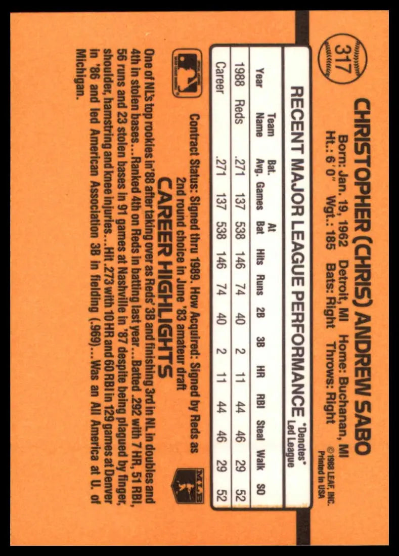 1989 Donruss Chris Sabo RC 317 Cincinnati Reds NM - Baseball Card Single