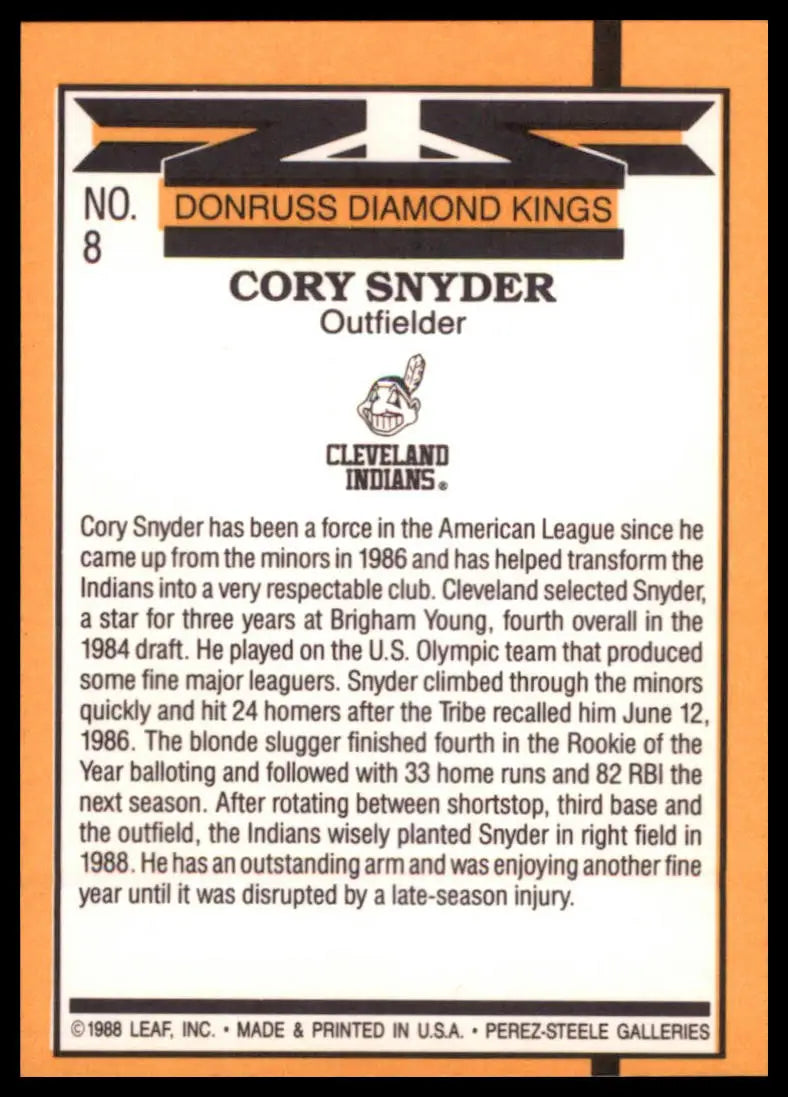 1989 Donruss Cory Snyder 8 Cleveland Indians NM - Baseball Card Single
