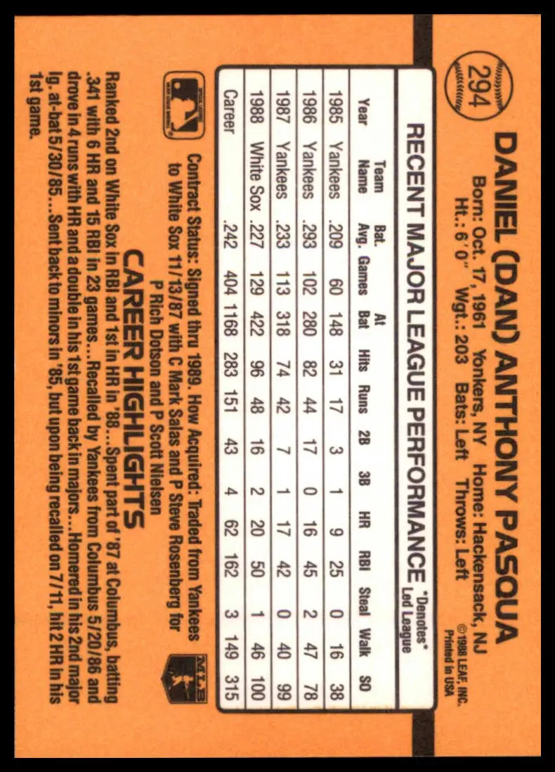 1989 Donruss Dan Pasqua 294 Chicago White Sox NM - Baseball Card Single