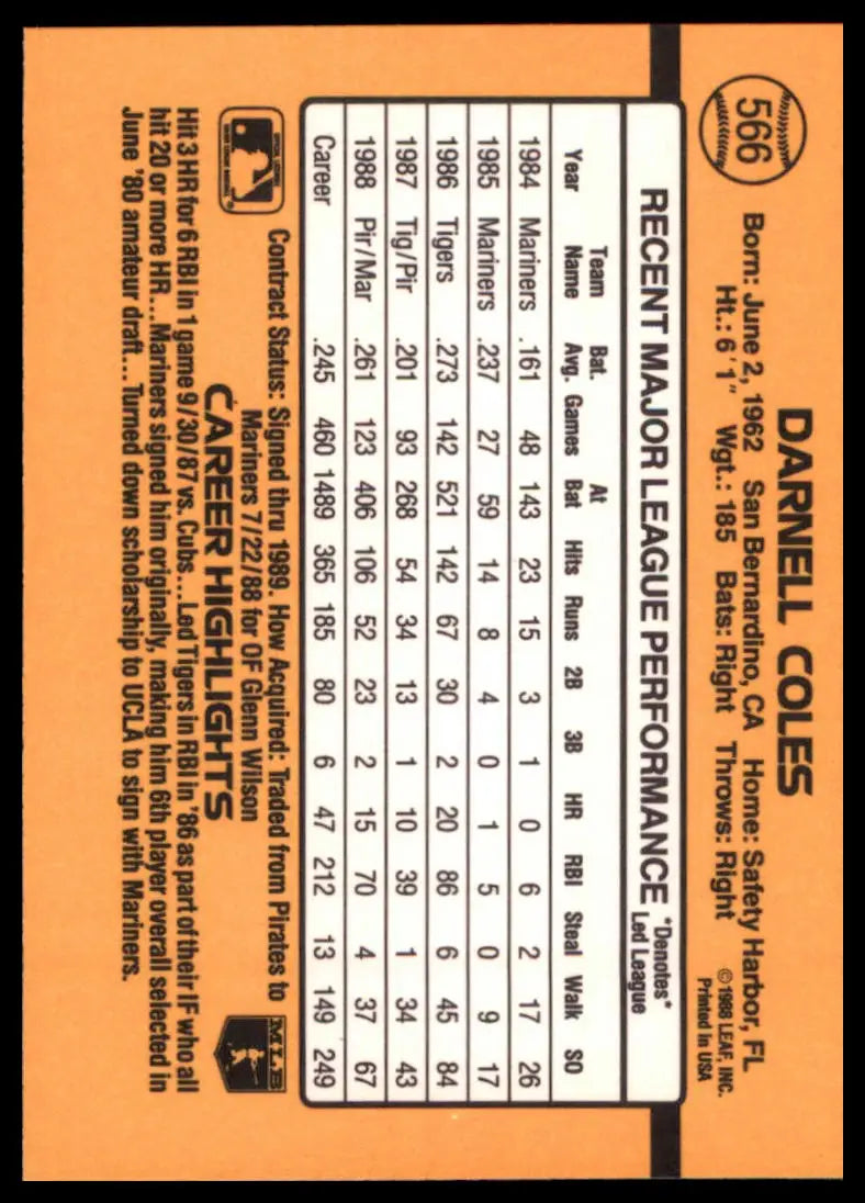 1989 Donruss Darnell Coles 566 Seattle Mariners NM - Baseball Card Single