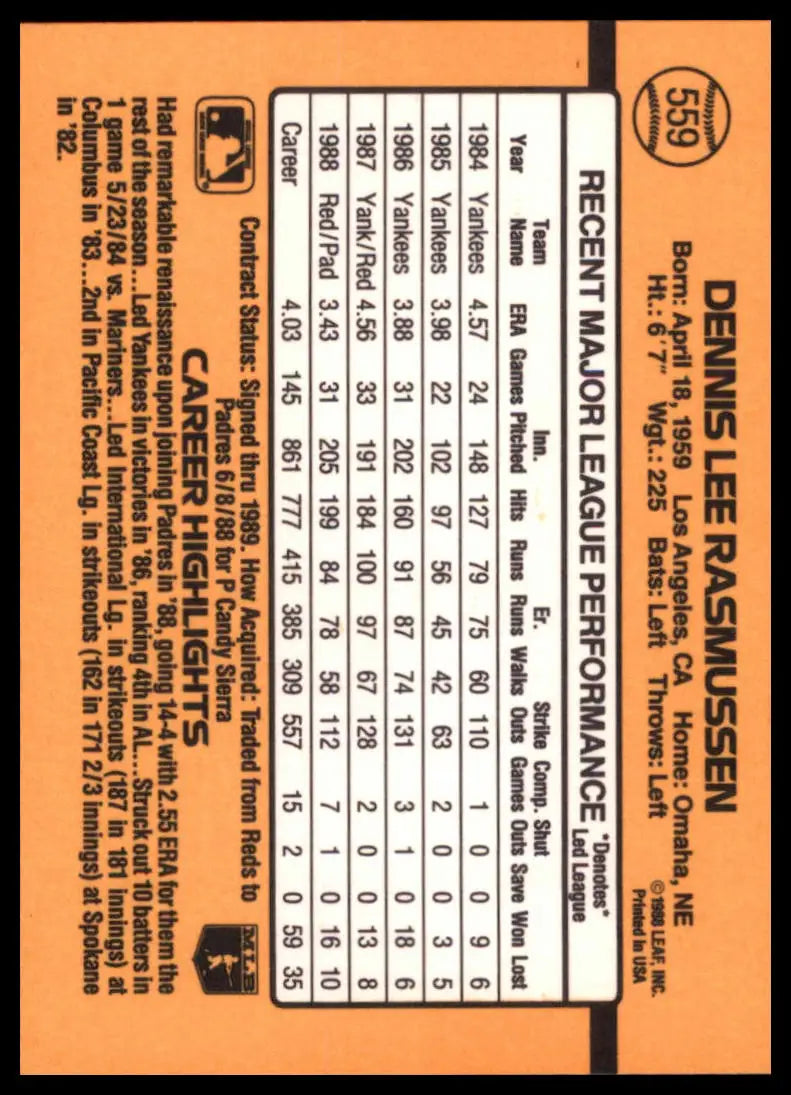 1989 Donruss Dennis Rasmussen 559 San Diego Padres NM - Baseball Card Single