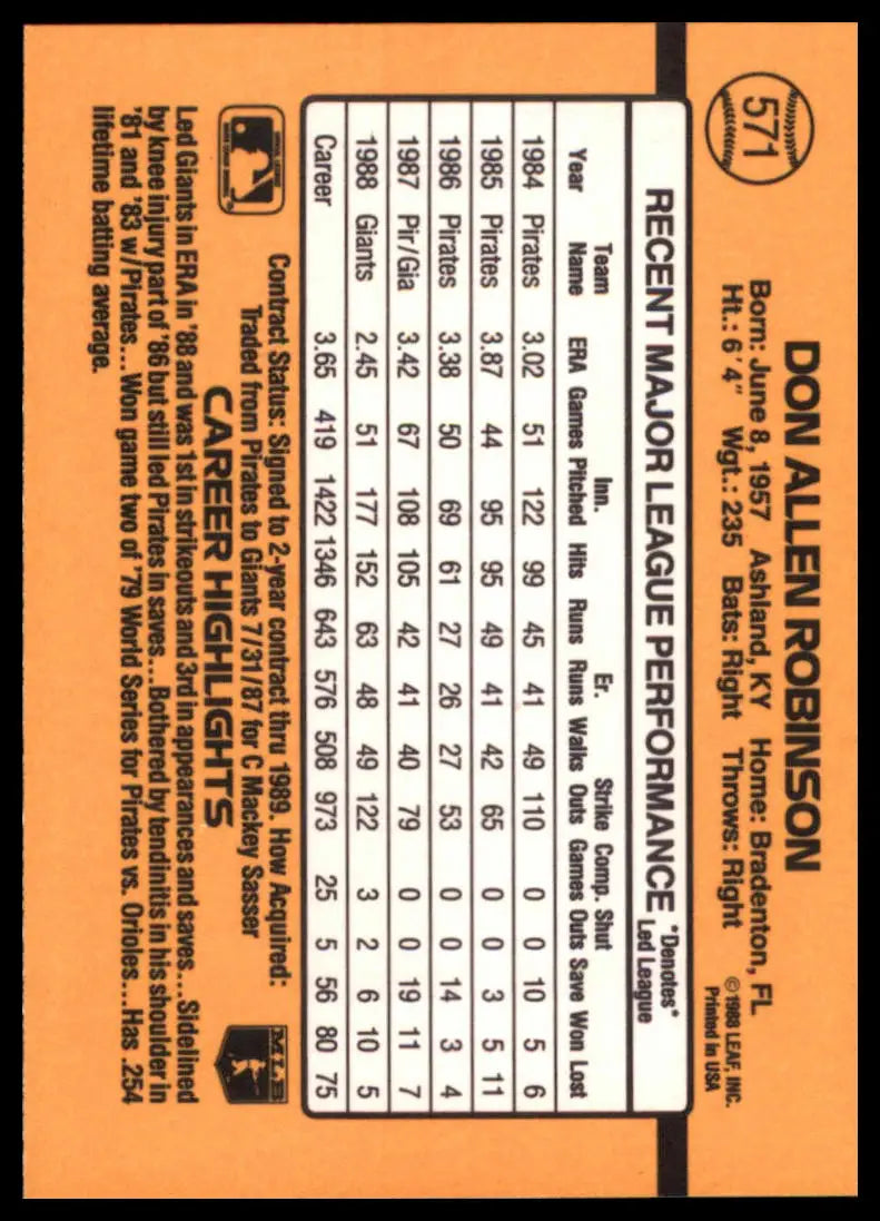1989 Donruss Don Robinson 571 San Francisco Giants NM