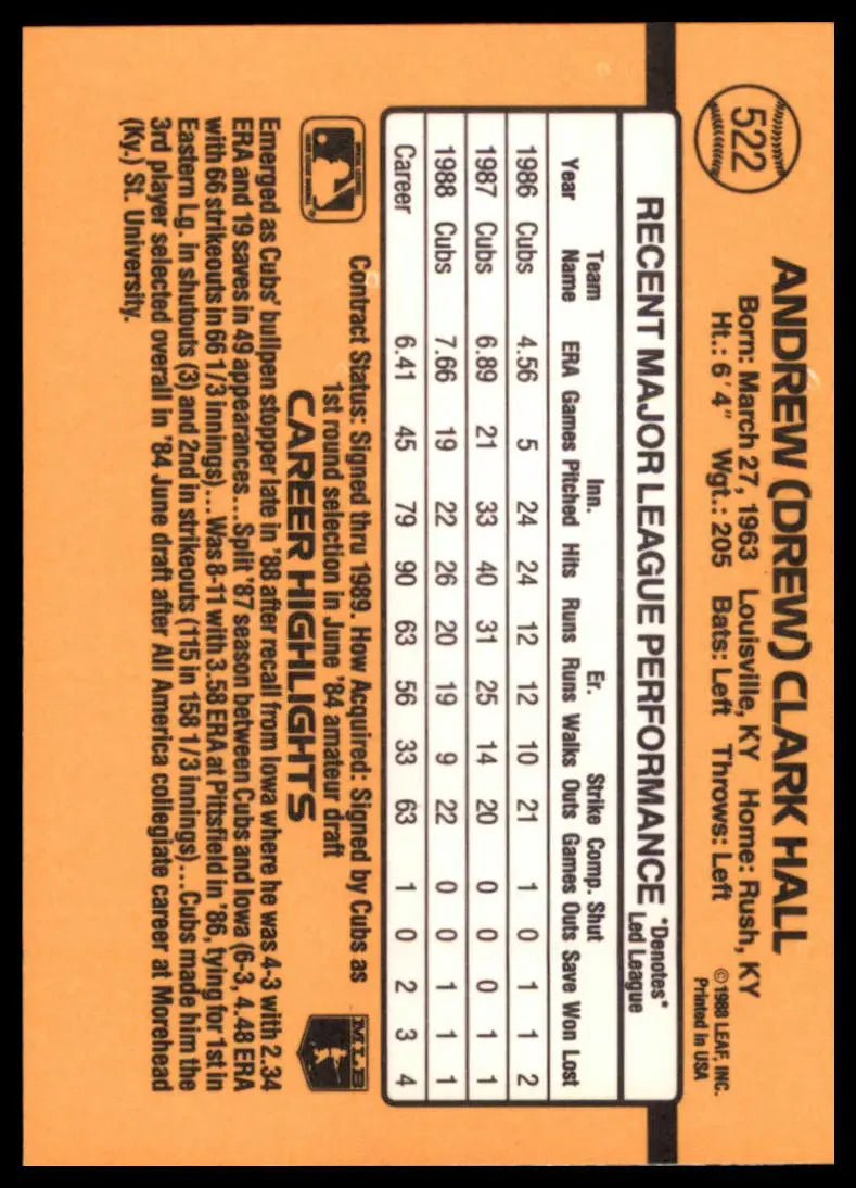1989 Donruss Drew Hall 522 Chicago Cubs NM
