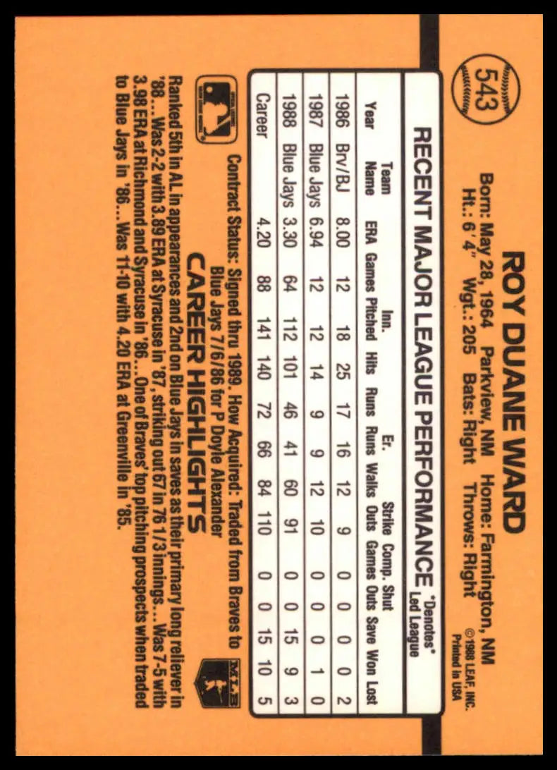 1989 Donruss Duane Ward 543 Toronto Blue Jays NM