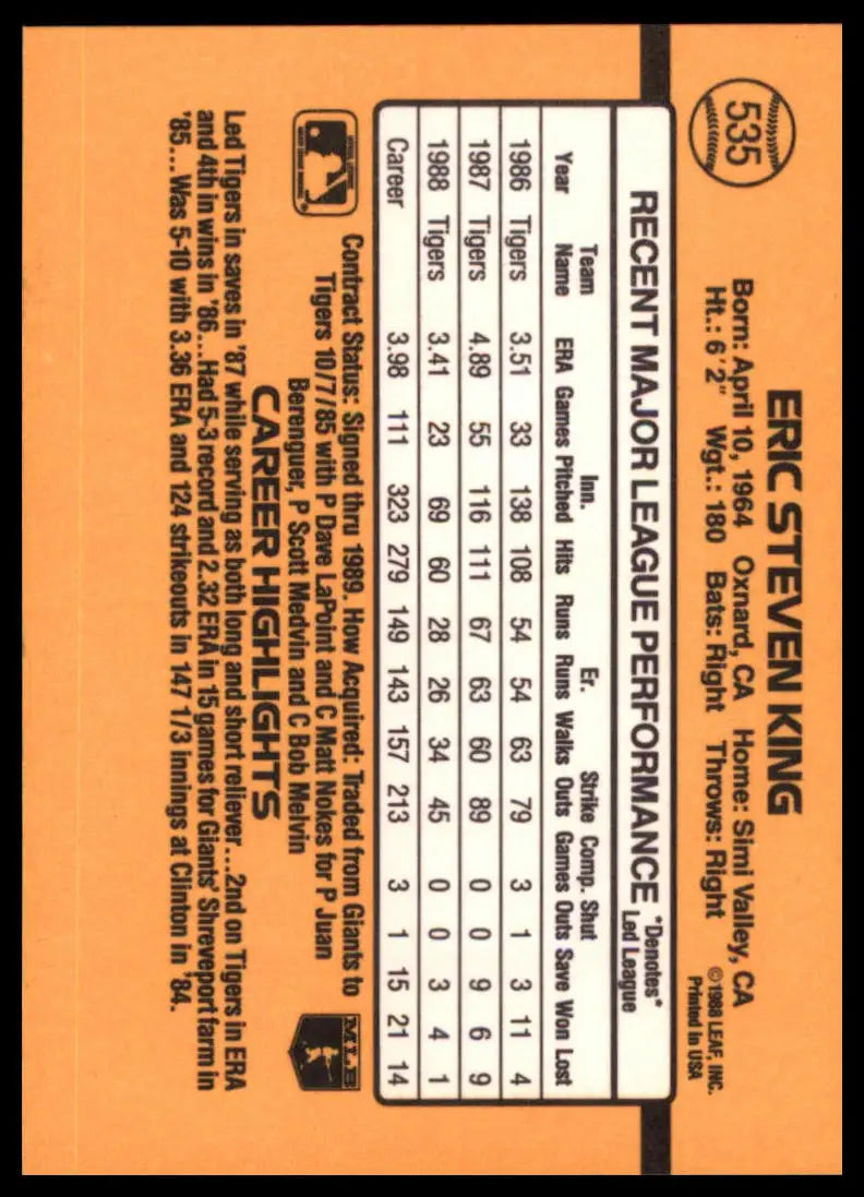 1989 Donruss Eric King 535 Detroit Tigers NM