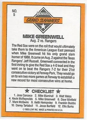 1989 Donruss Grand Slammers Red/Yellow #5 Mike Greenwell NM Near Mint R ID:33492