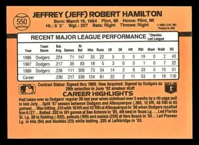 1989 Donruss Jeff Hamilton #550 Los Angeles Dodgers - Baseball Card Single