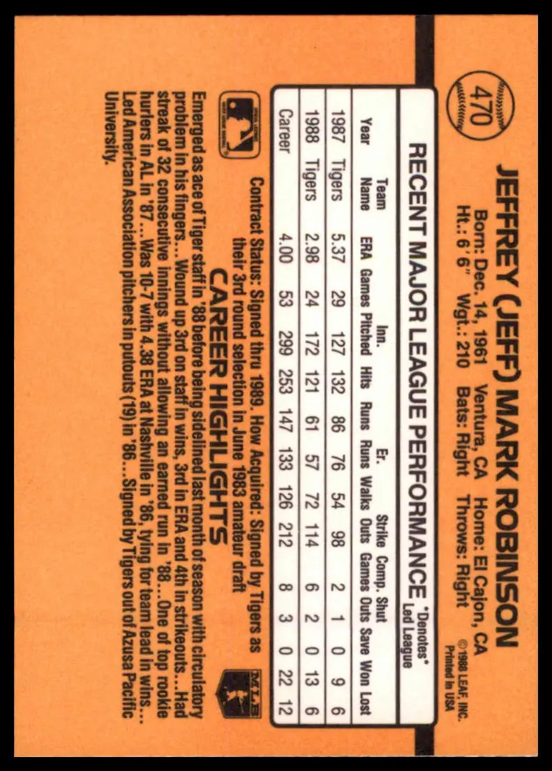 1989 Donruss Jeff Robinson 470 Detroit Tigers NM - Baseball Card Single