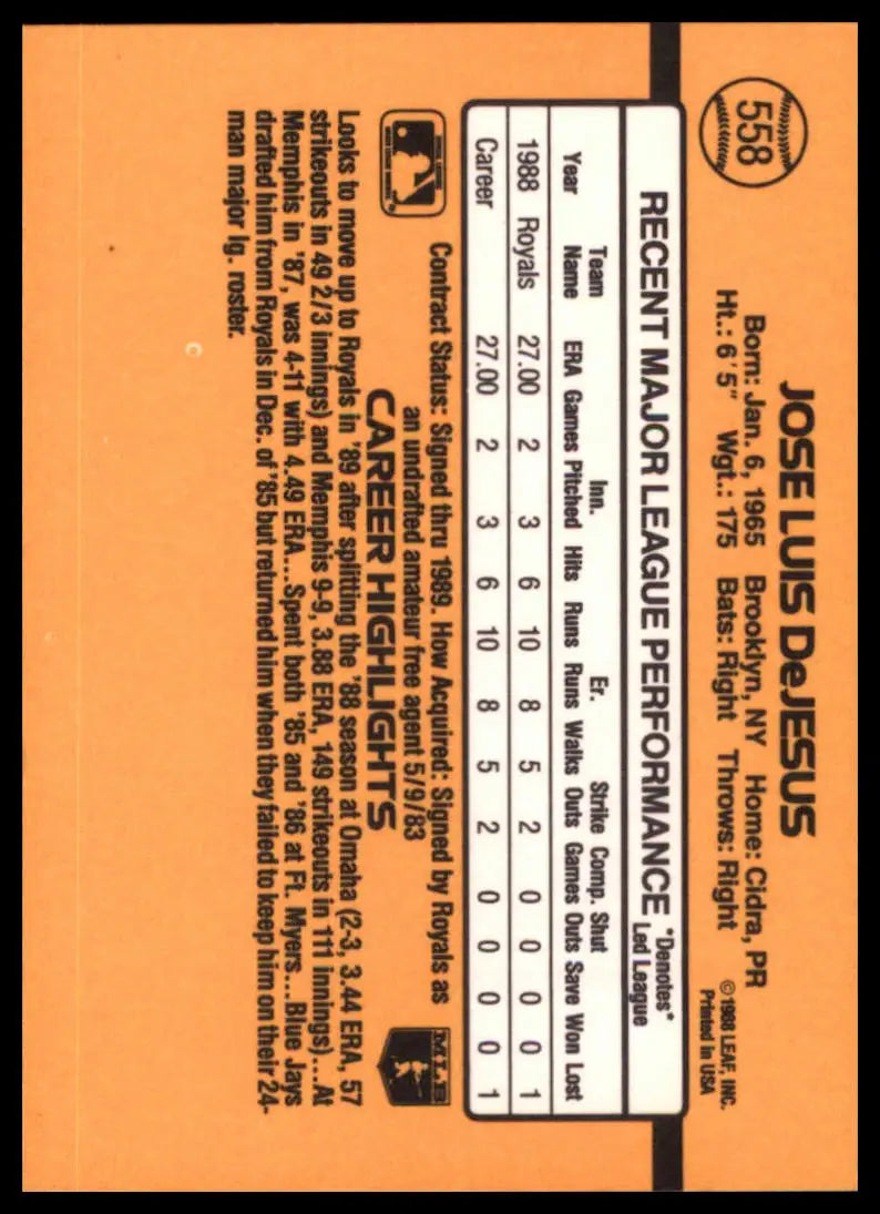1989 Donruss Jose DeJesus RC 558 Kansas City Royals NM - Baseball Card Single